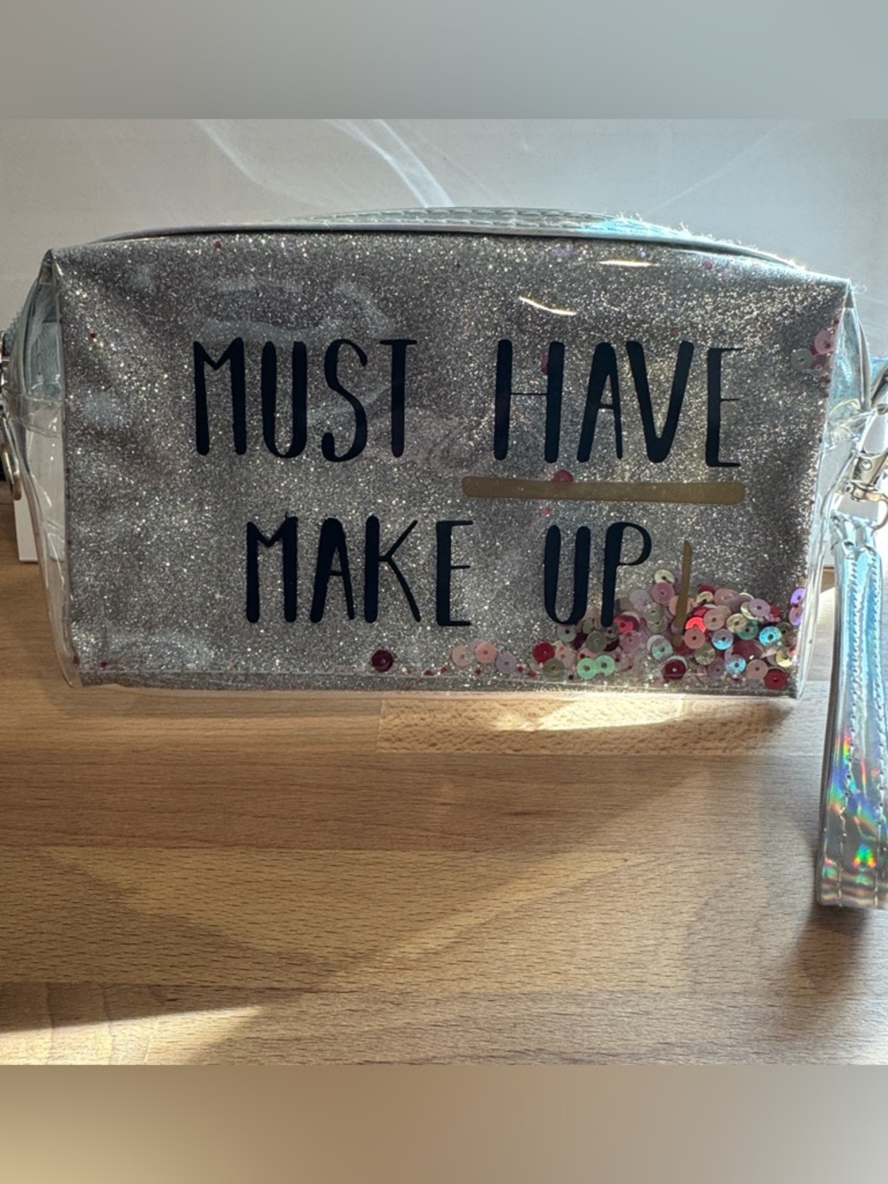 NWOT "Must Have Make Up" Glittery Silver & Pink Make Up Bag Wrist Strap & Zipper